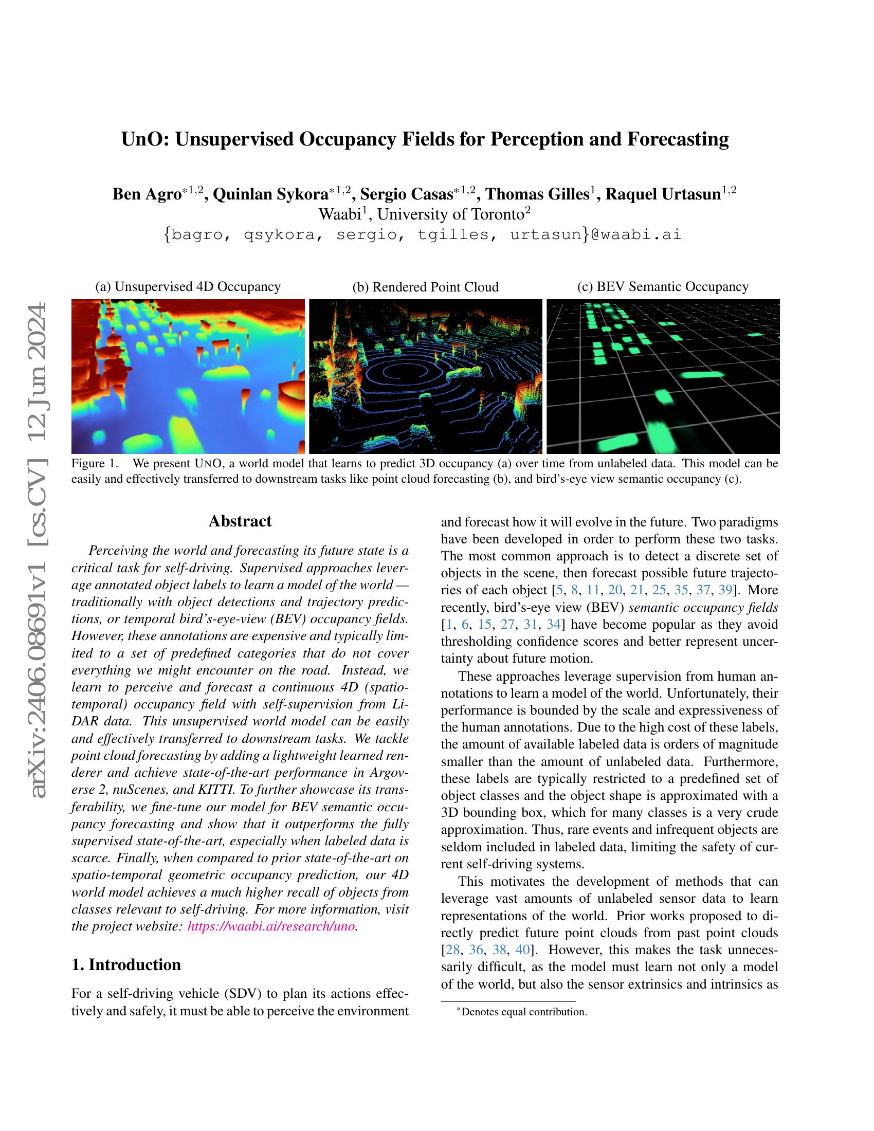 Uno Unsupervised Occupancy Fields For Perception And Forecasting