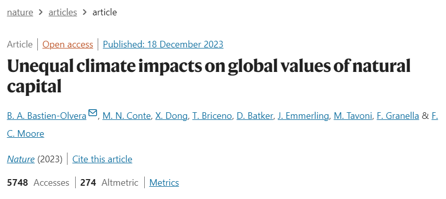 Nature速递：气候变化对自然资本全球价值的不平等影响