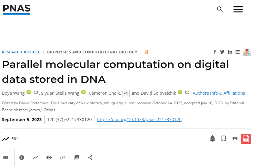 PNAS 速递：DNA 存储数据的并行分子计算