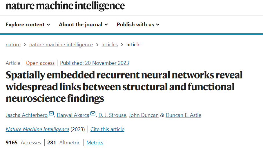 Nat. Mach. Intell. 速递：空间嵌入式循环神经网络揭示结构和神经功能发现之间的广泛联系