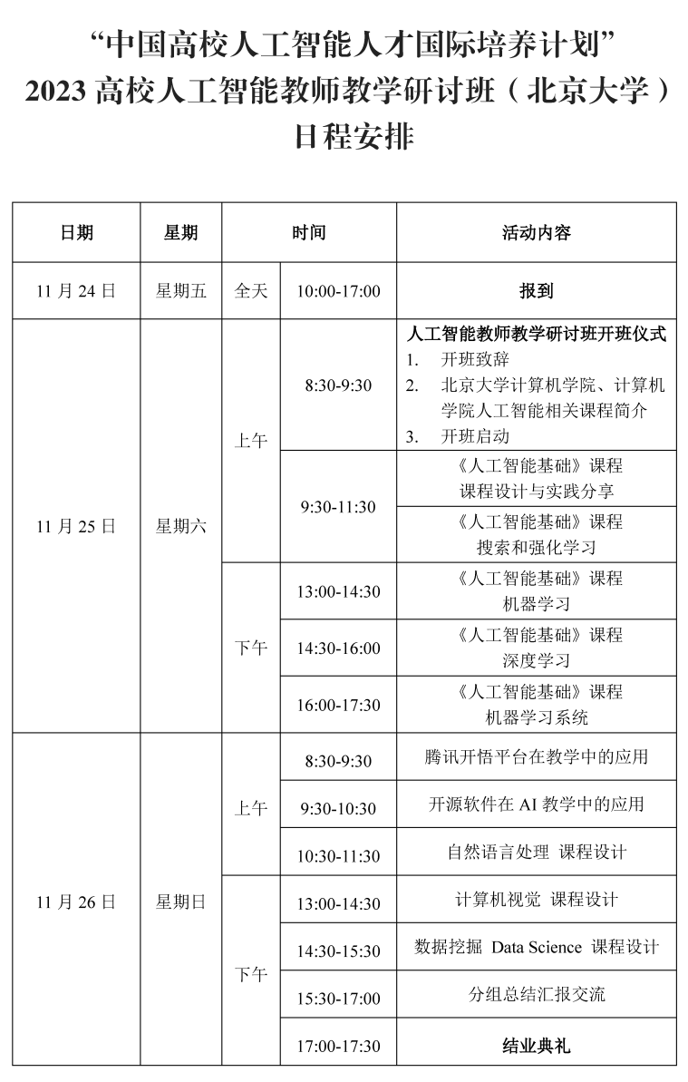 关于举办“中国高校人工智能人才国际培养计划” 2023高校人工智能教师教学研讨班 （北京大学）的通知