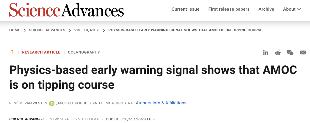 Science Advances速递：基于物理方法的预警信号表明，大西洋环流遭遇危机