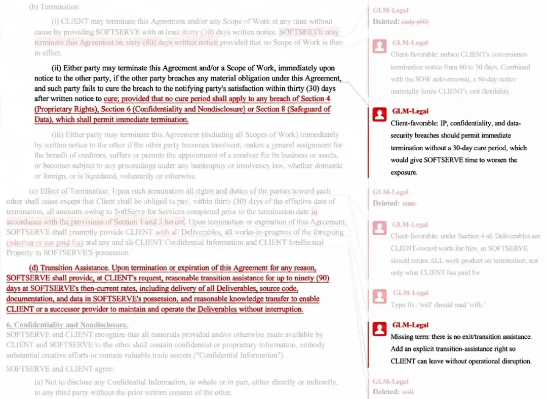 제공업체 시연에서 확인할 수 있는 GLM-Legal의 계약 수정 및 검토 의견