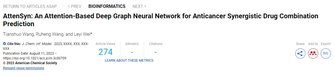 JCIM｜AttenSyn：基于注意力的深度图神经网络用于抗癌药物联合用药预测