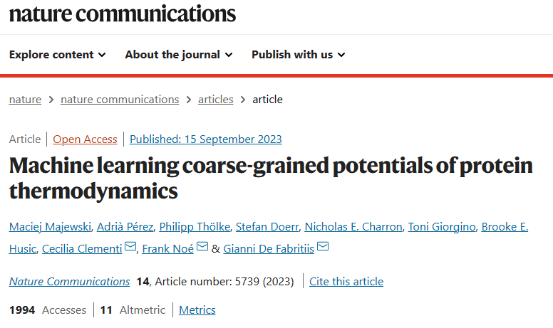 Nat. Commun. 速递：蛋白质热力学粗粒化势能的机器学习