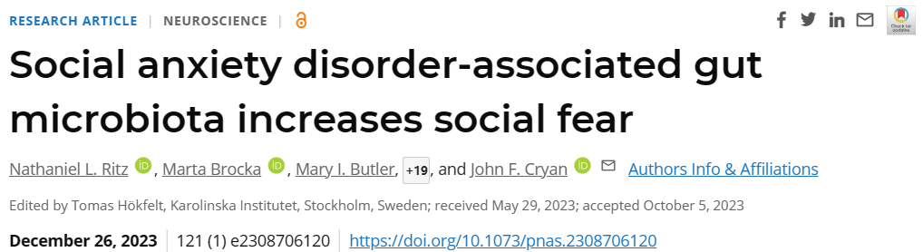 PNAS速递：社交焦虑症相关的肠道微生物群增加了社交恐惧