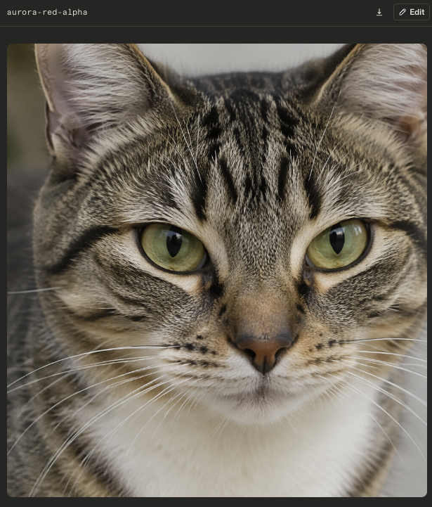 Community-Bild mit der Bezeichnung aurora-red-alpha, das ein Katzenporträt aus nächster Nähe zeigt