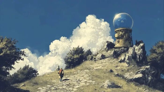 一张由人工智能生成的图像，描绘了一个类人角色正走上山坡，走向一个充满未来感的玻璃球体。