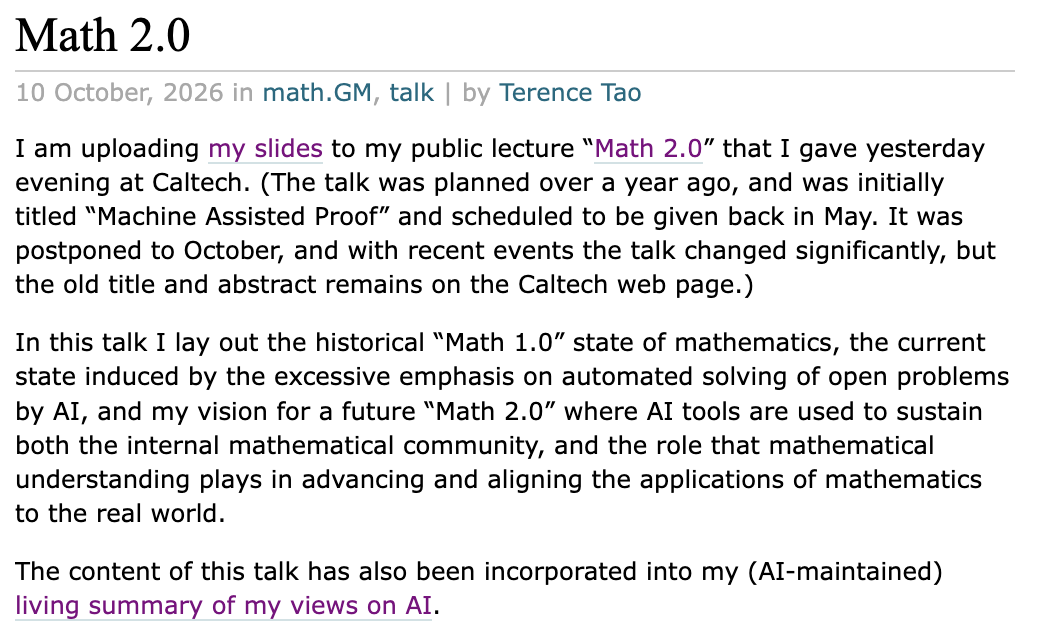 Terence Tao’s Math 2.0 lecture announcement