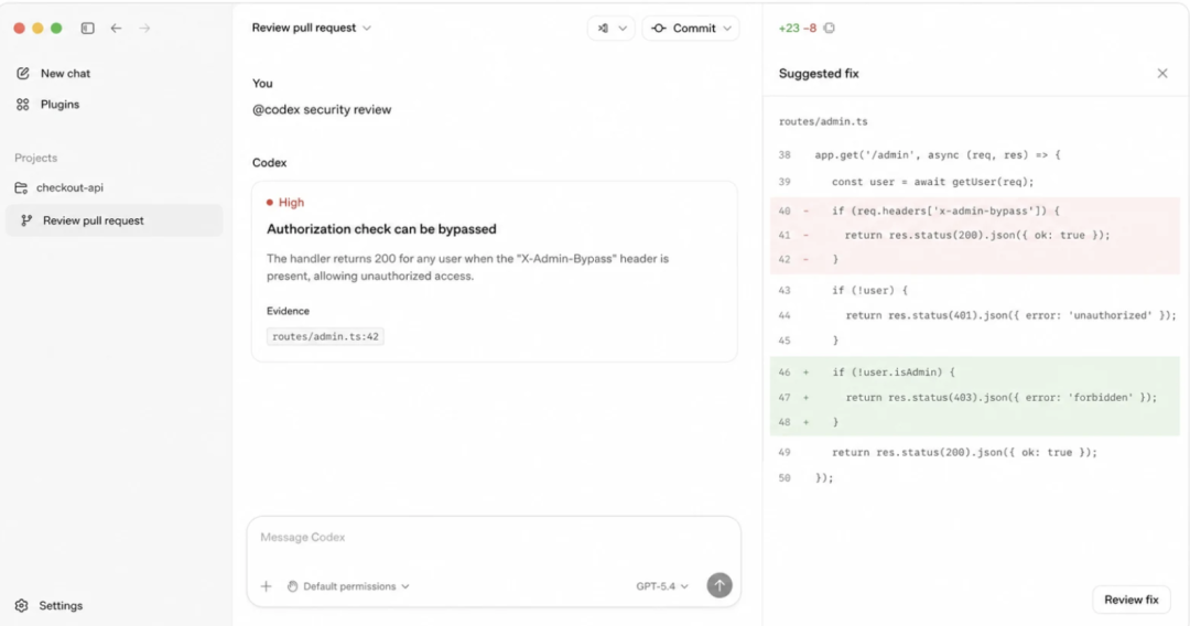 Illustrative code-review interface showing an authorization finding and proposed fix
