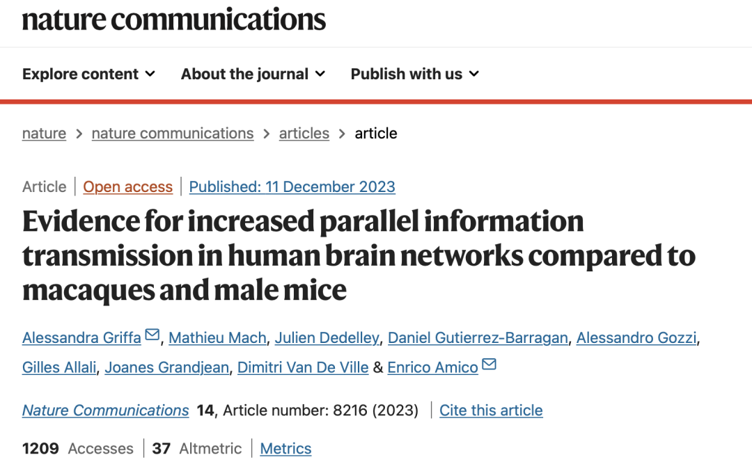 Nat. Commun.速递：与猕猴和雄性小鼠相比，人类大脑网络中增加的平行信息传输的证据