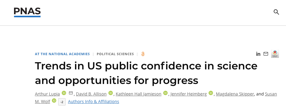 PNAS：美国公众对科学的信任趋势