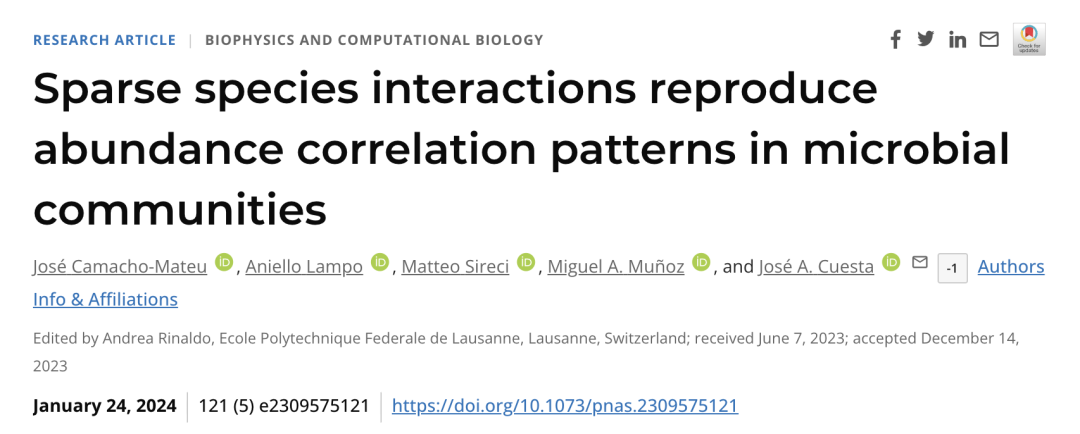 PNAS速递：稀疏的物种相互作用在微生物群落中再现丰度相关模式