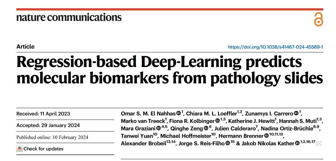 Nat. Commun. | 基于回归的深度学习从病理切片预测分子生物标志物