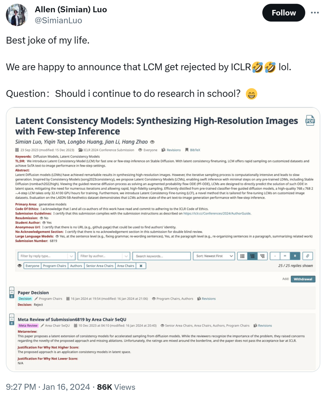 ICLR 2024接收率31％，清华LCM论文作者：讲个笑话，被拒了！ 🤣