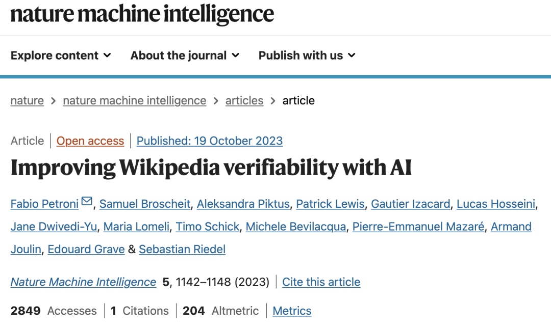Nat. Mach. Intell.速递：AI 提高维基百科的可验证性