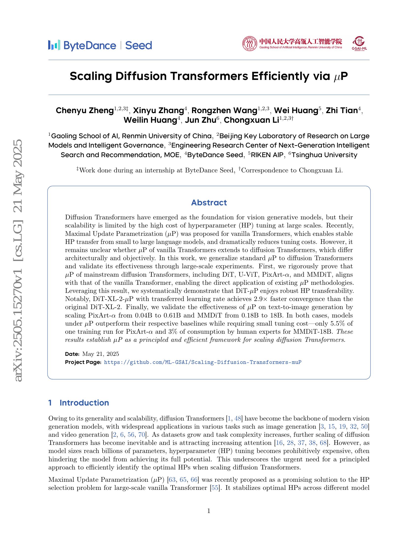 Scaling Diffusion Transformers Efficiently via $μ$P - 智源社区论文