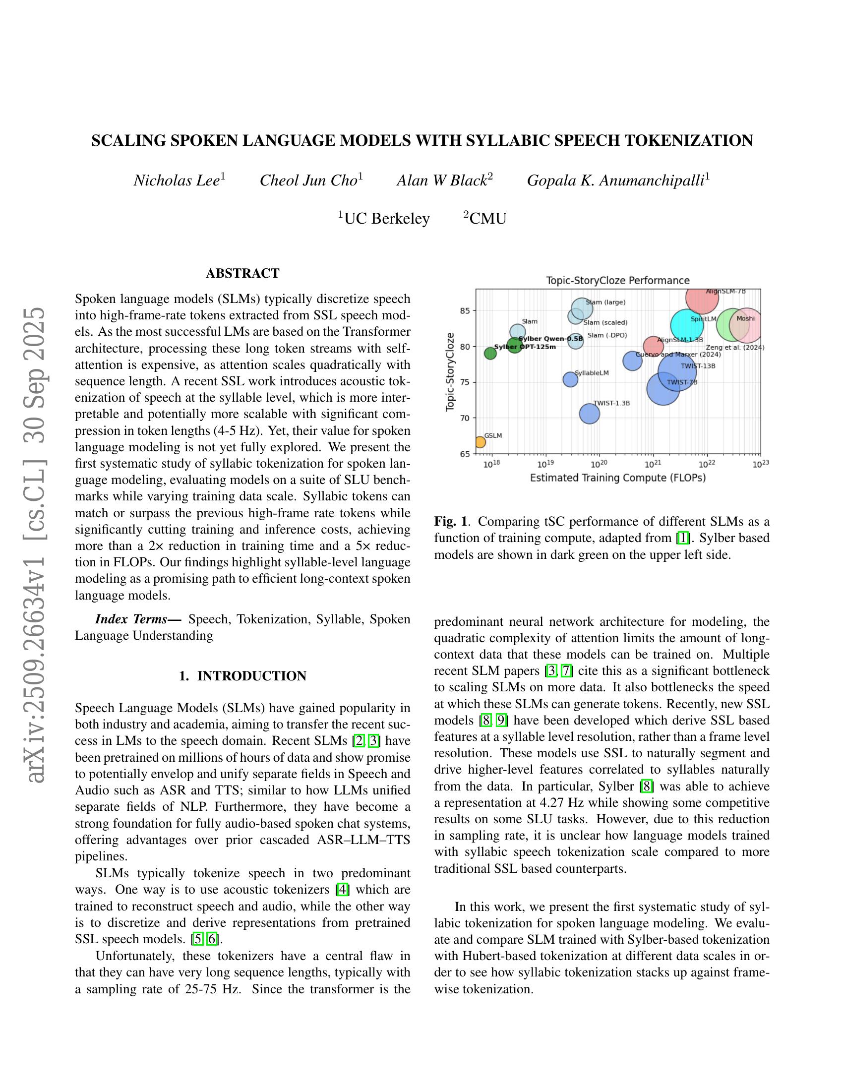 Scaling Spoken Language Models with Syllabic Speech Tokenization - 智源社区论文