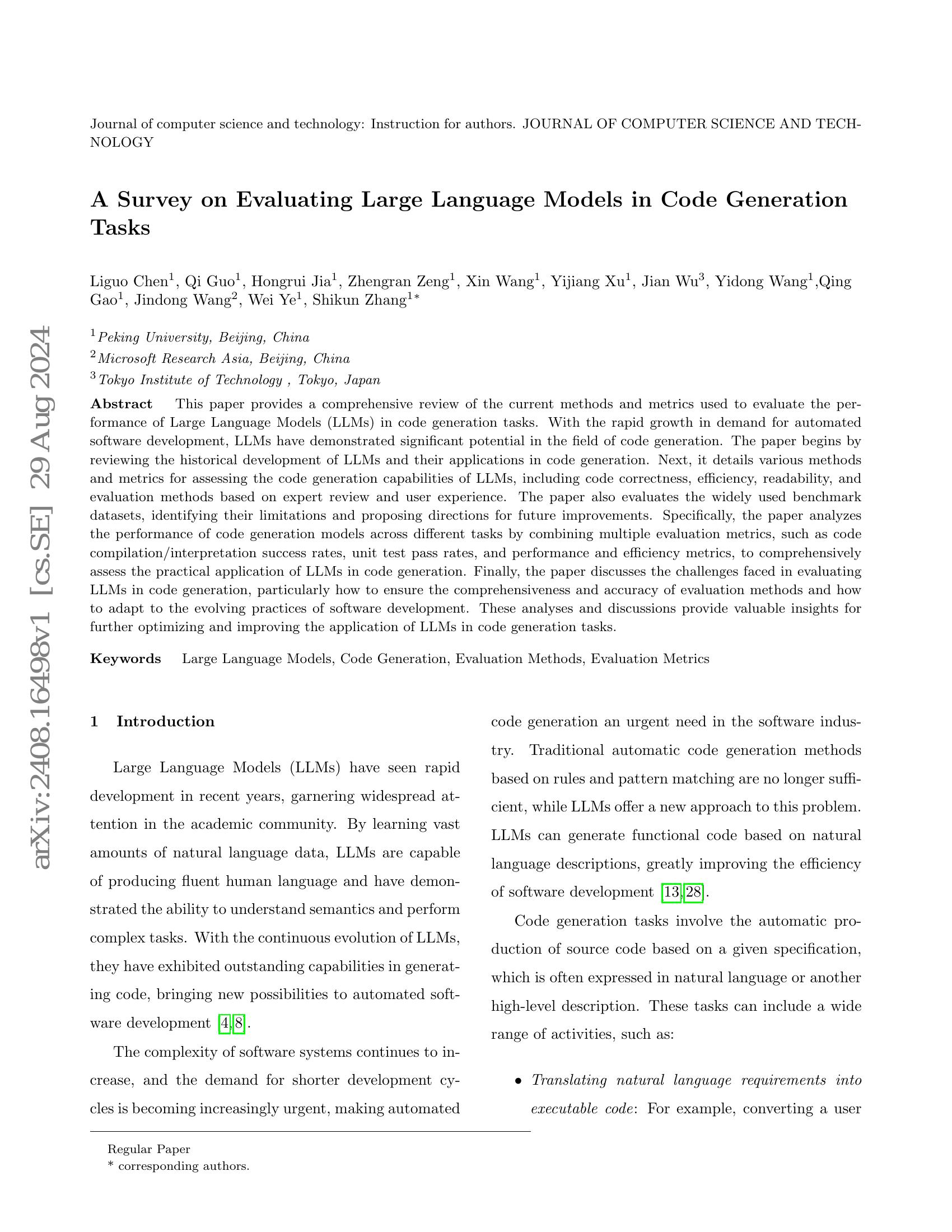 A Survey on Evaluating Large Language Models in Code Generation Tasks ...