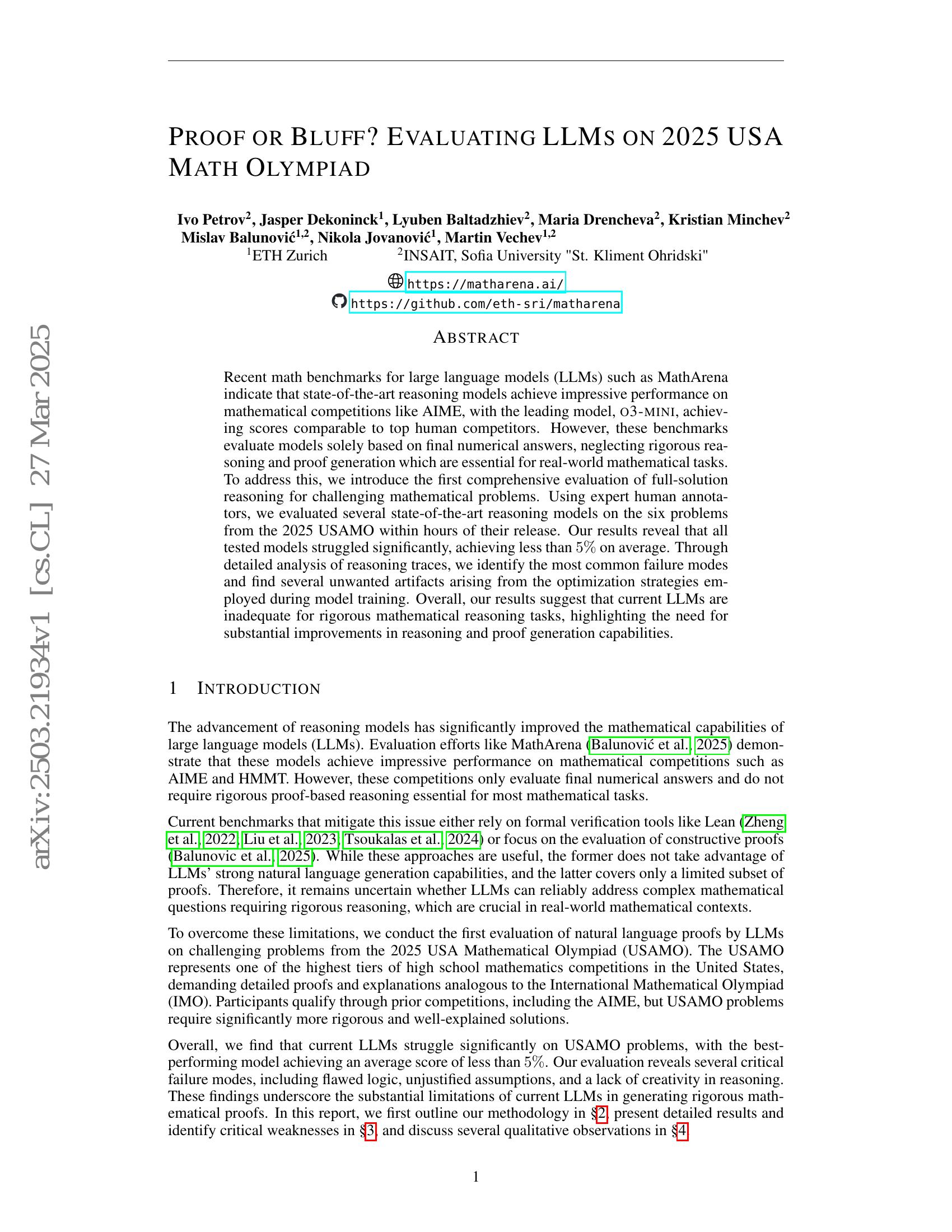 Proof or Bluff? Evaluating LLMs on 2025 USA Math Olympiad - 智源社区论文