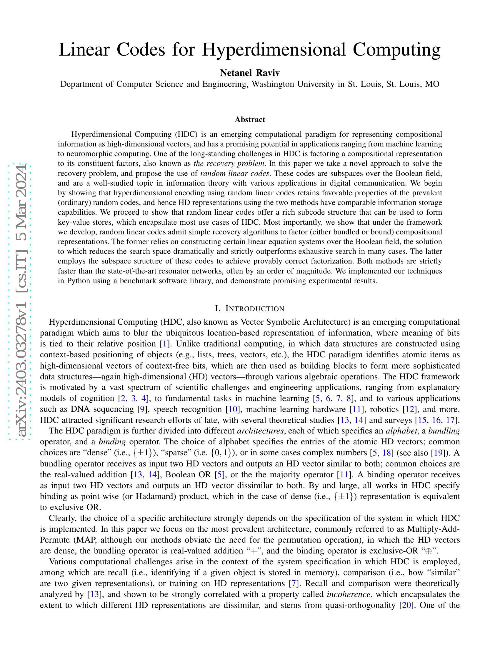 Linear Codes for Hyperdimensional Computing - 智源社区论文