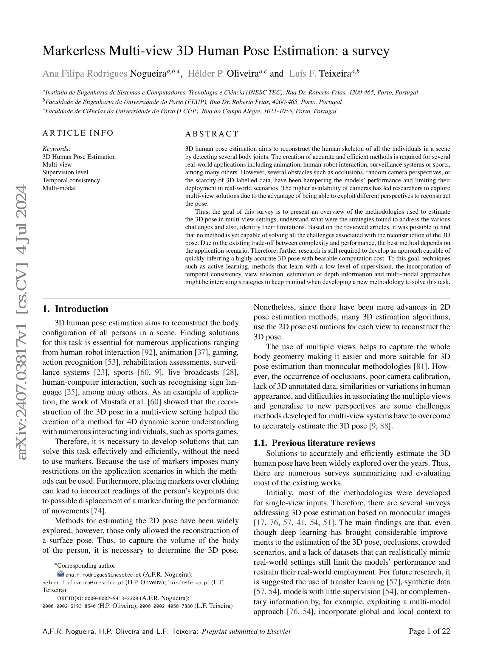 Markerless Multi-view 3D Human Pose Estimation: a survey - 智源社区论文