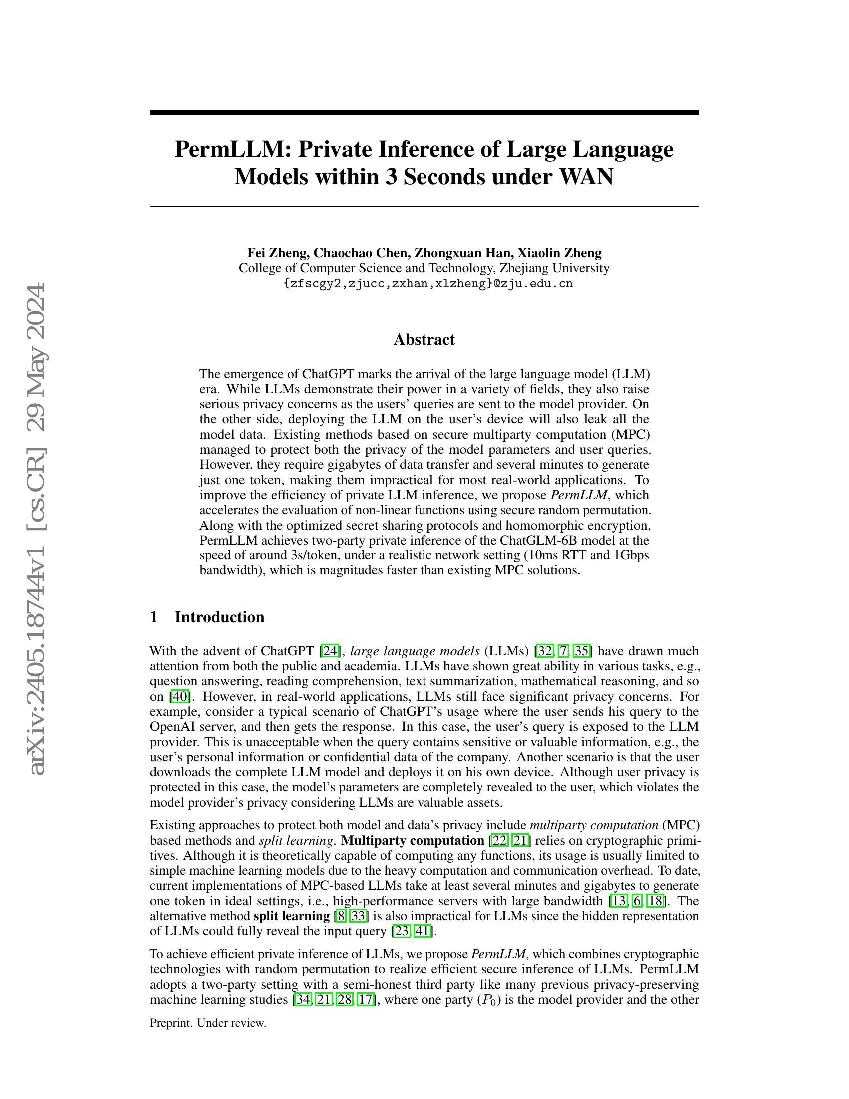 PermLLM: Private Inference of Large Language Models within 3 Seconds under  WAN - 智源社区论文