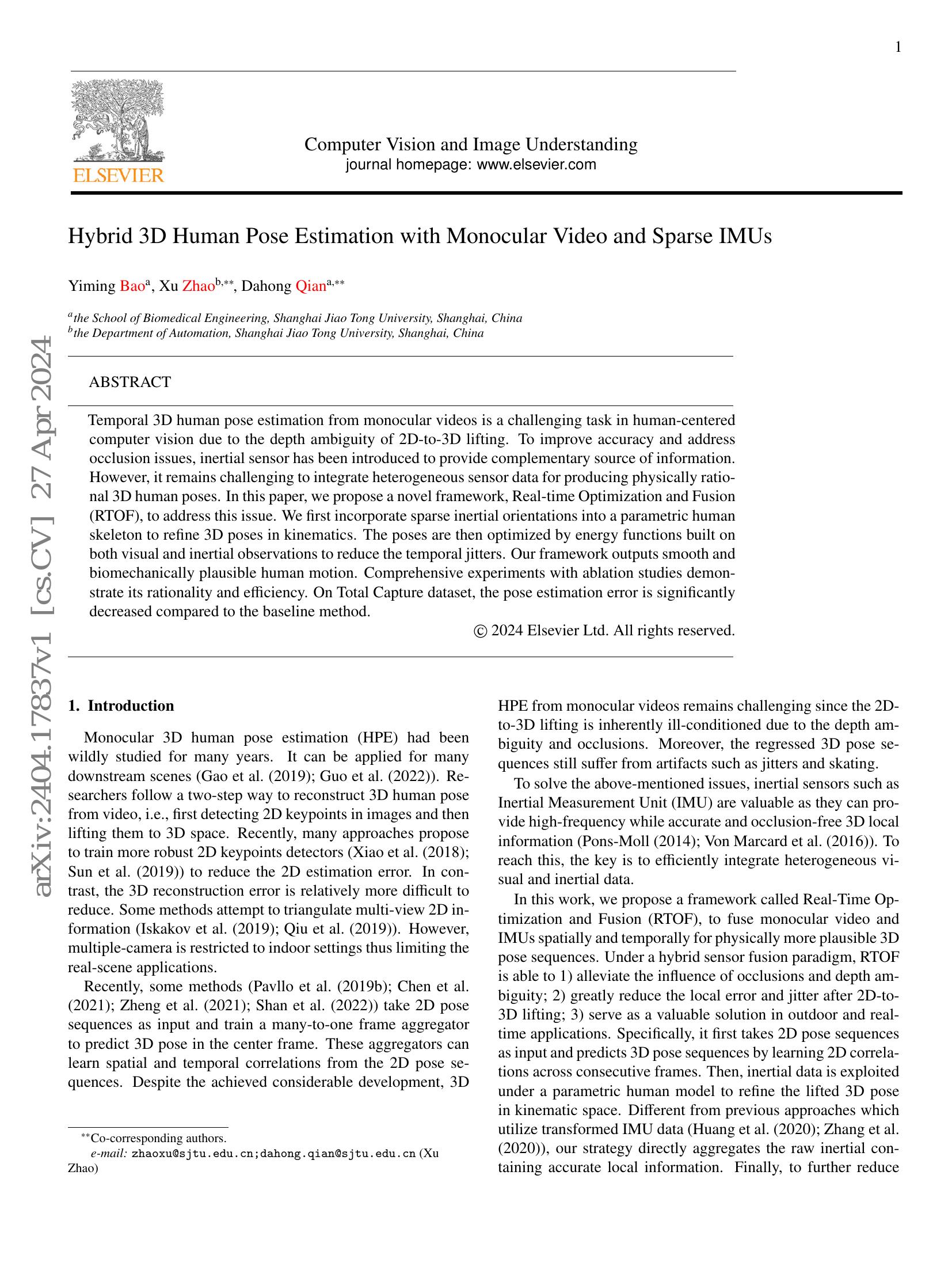 Hybrid 3D Human Pose Estimation with Monocular Video and Sparse IMUs ...