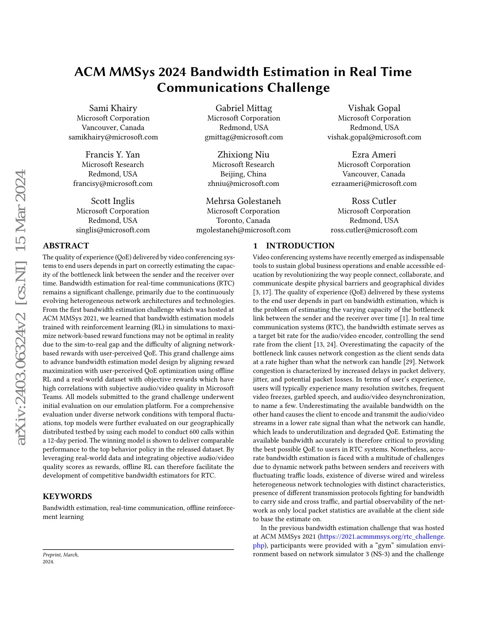 Bandwidth Challenge ACM MMSys 2024 Bandwidth Estimation in Real Time Communications ...