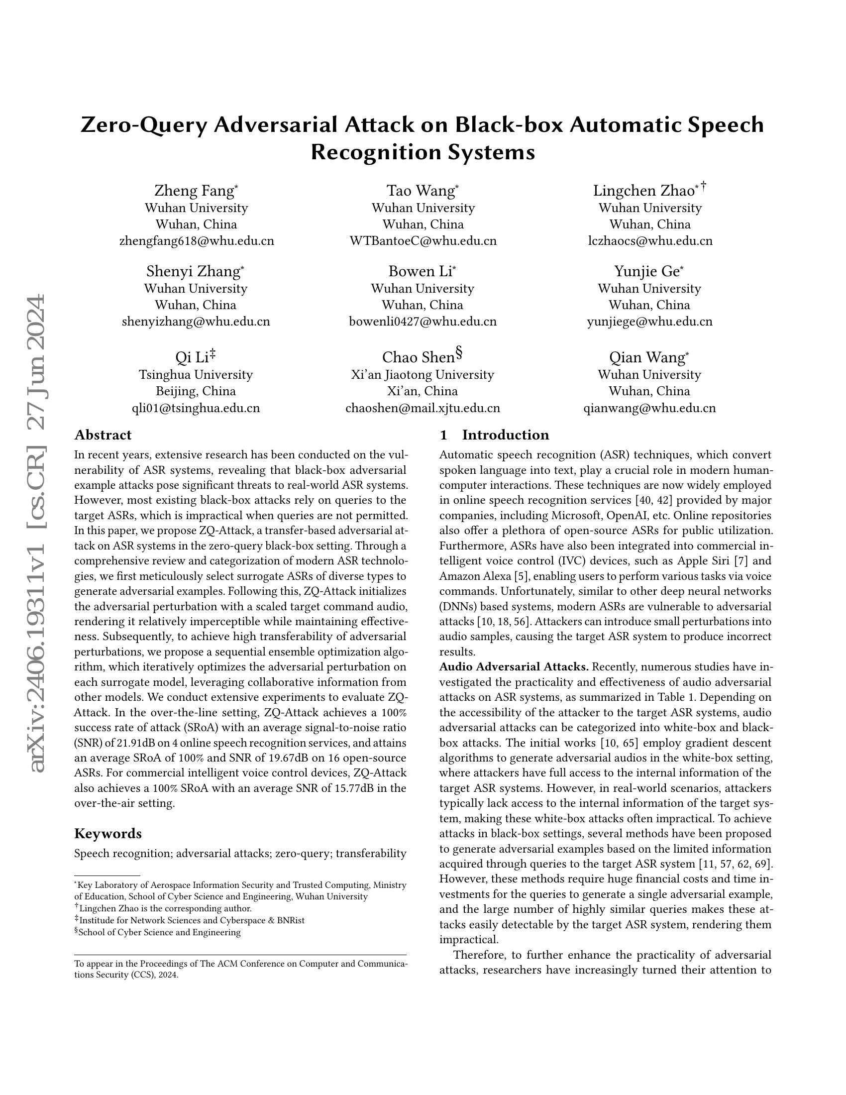 Zero-Query Adversarial Attack on Black-box Automatic Speech Recognition ...