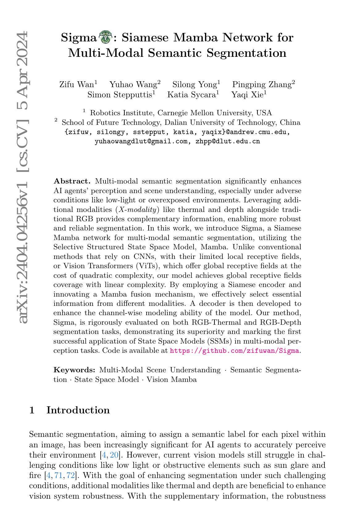 Sigma: Siamese Mamba Network for Multi-Modal Semantic Segmentation - 智源社区论文