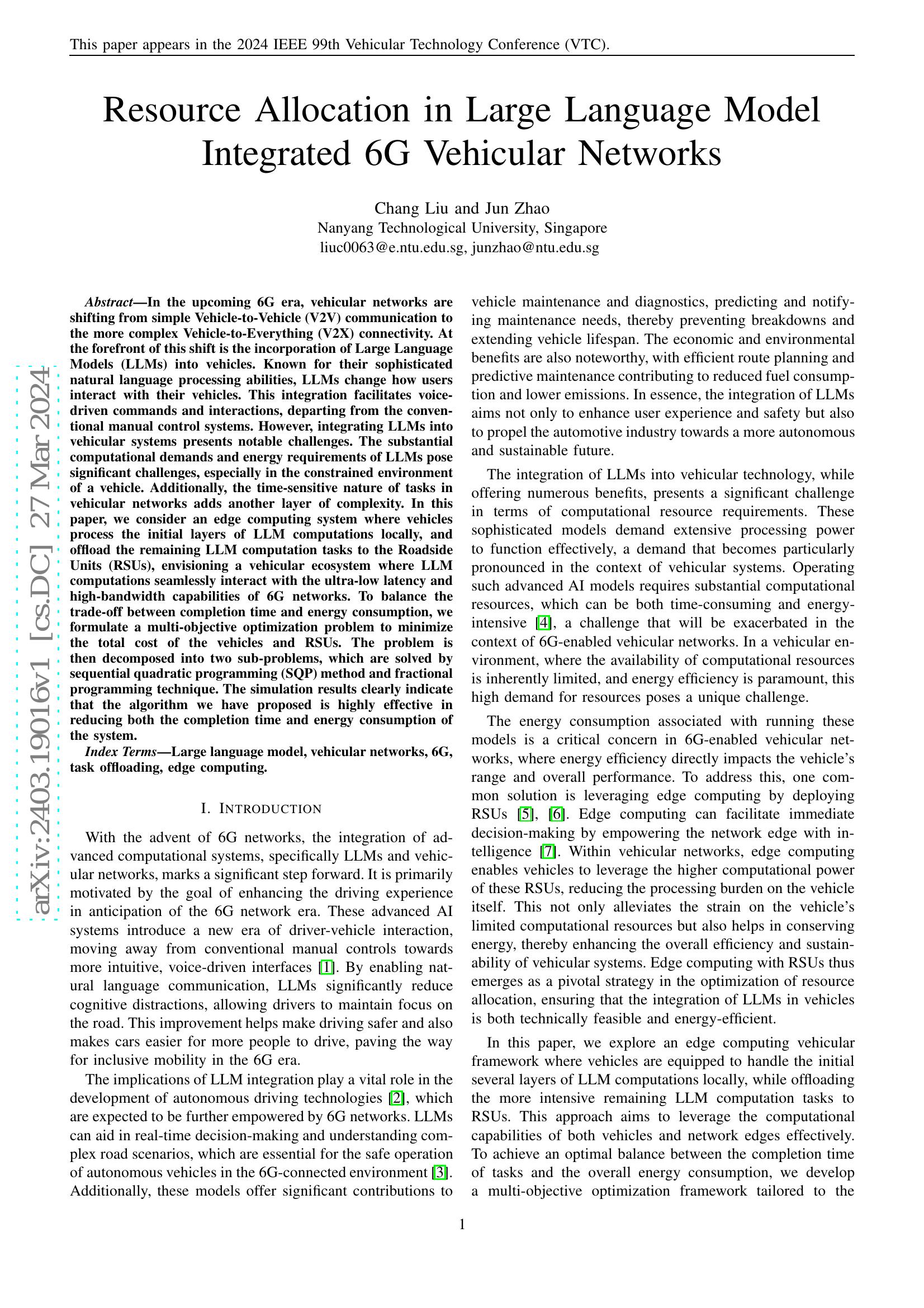 Resource Allocation in Large Language Model Integrated 6G Vehicular ...
