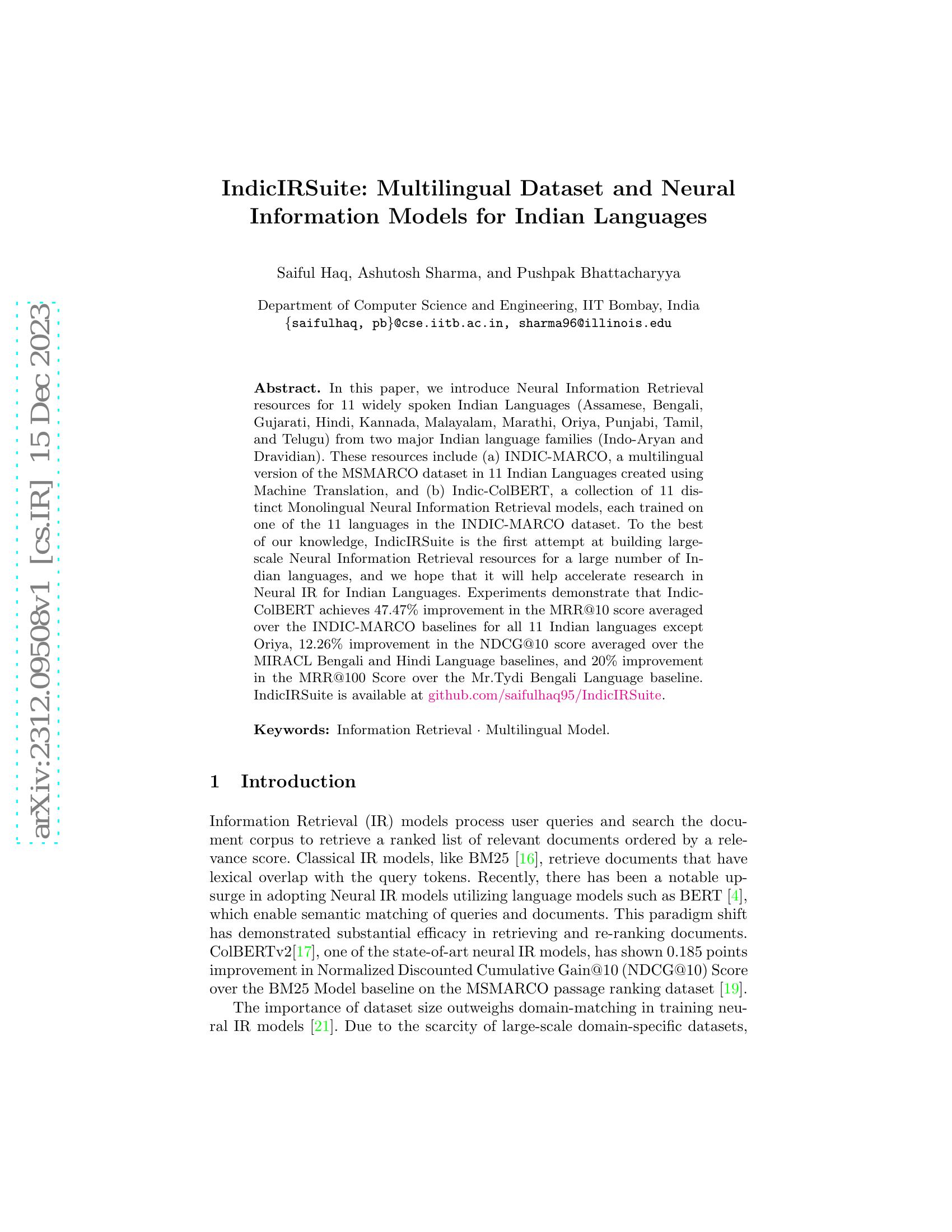IndicIRSuite: Multilingual Dataset and Neural Information Models for ...