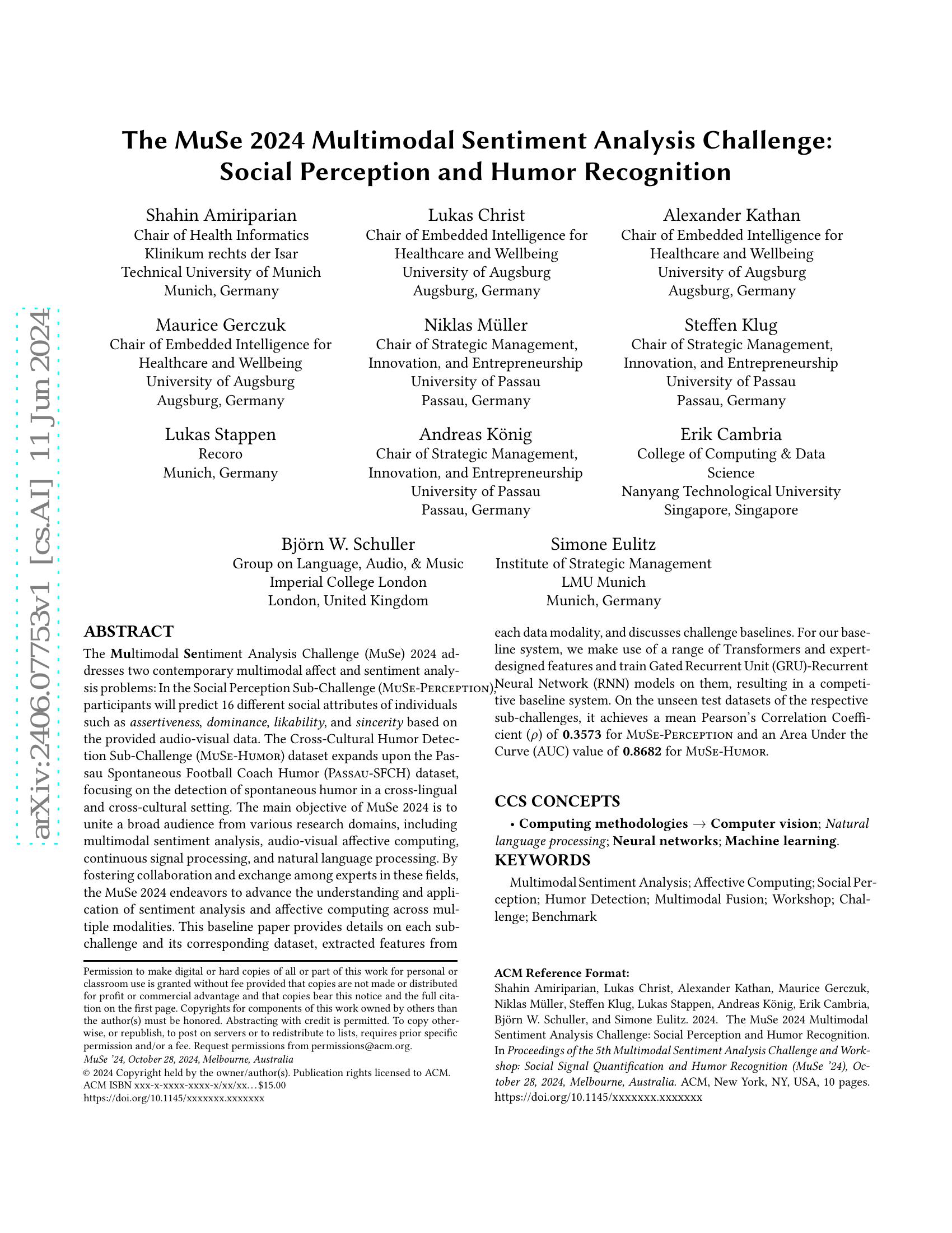 The MuSe 2024 Multimodal Sentiment Analysis Challenge: Social ...