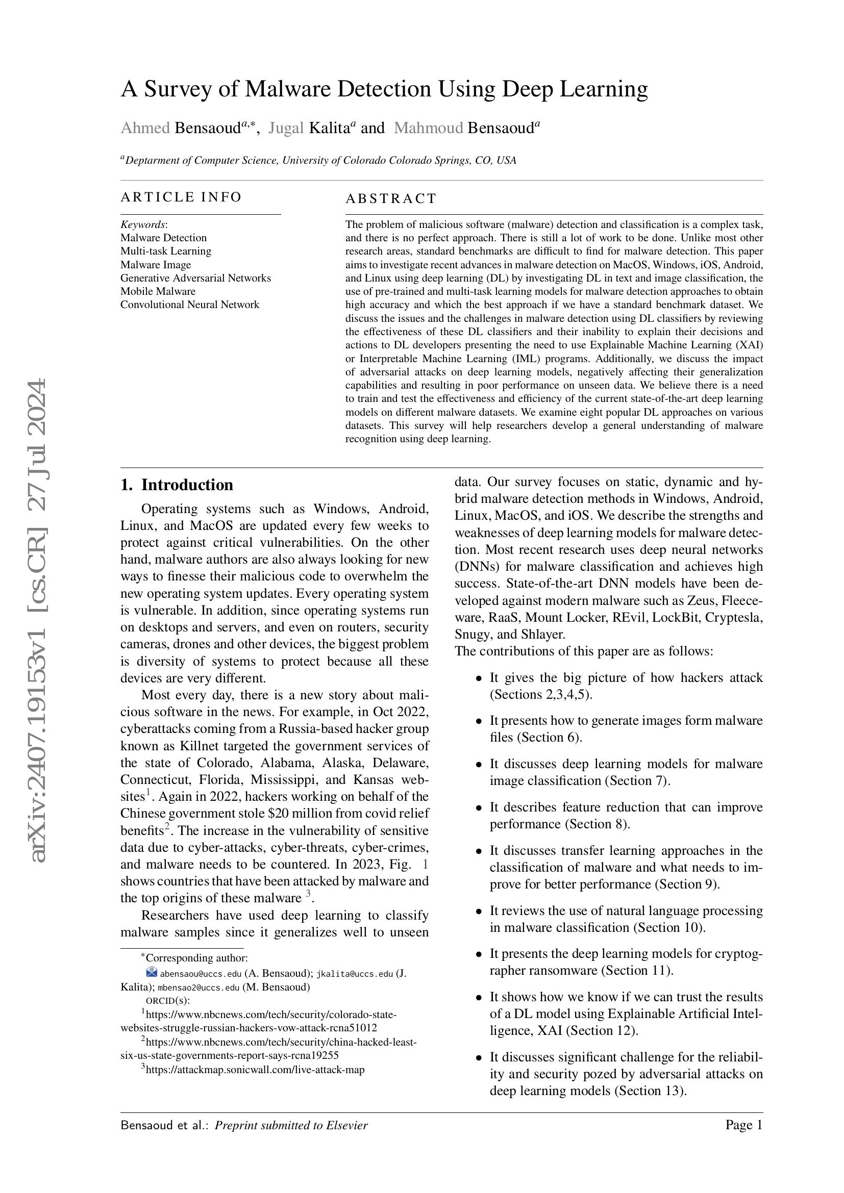A Survey of Malware Detection Using Deep Learning - 智源社区论文