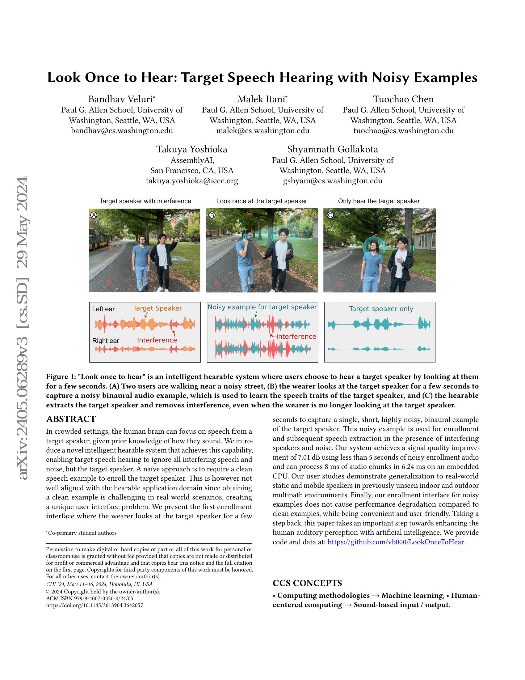 Look Once to Hear: Target Speech Hearing with Noisy Examples - 智源社区论文