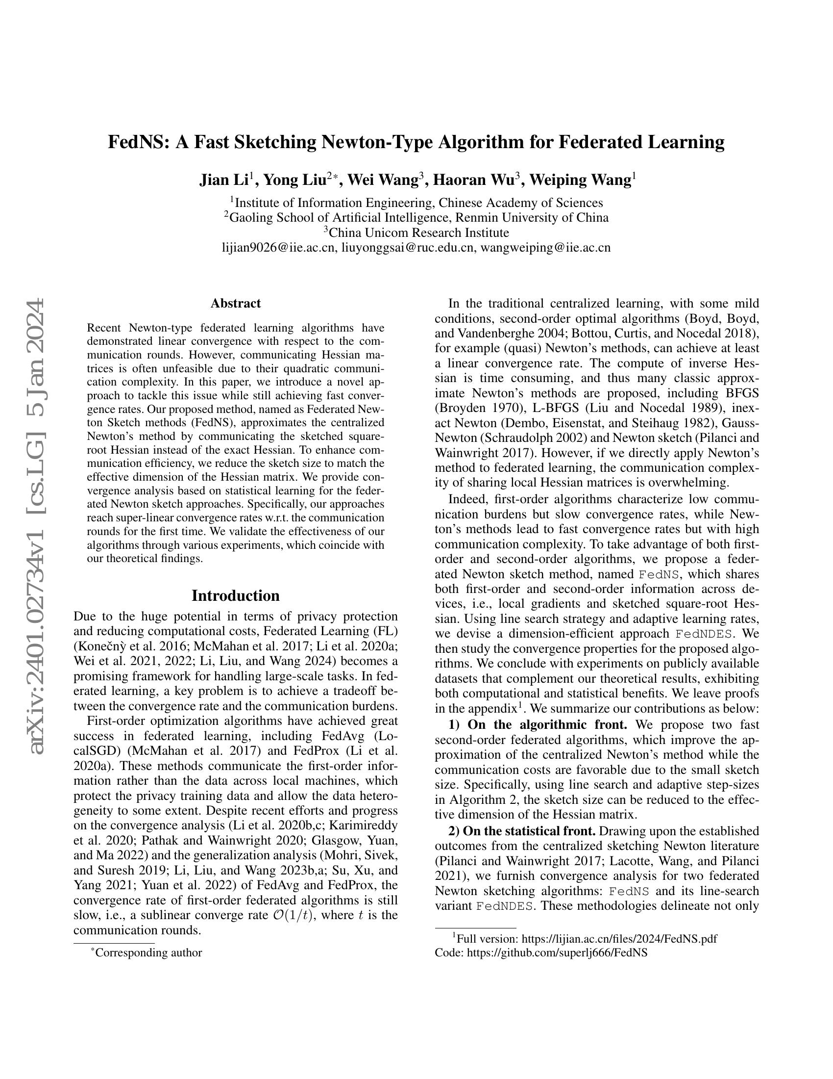 FedNS: A Fast Sketching Newton-Type Algorithm for Federated Learning ...