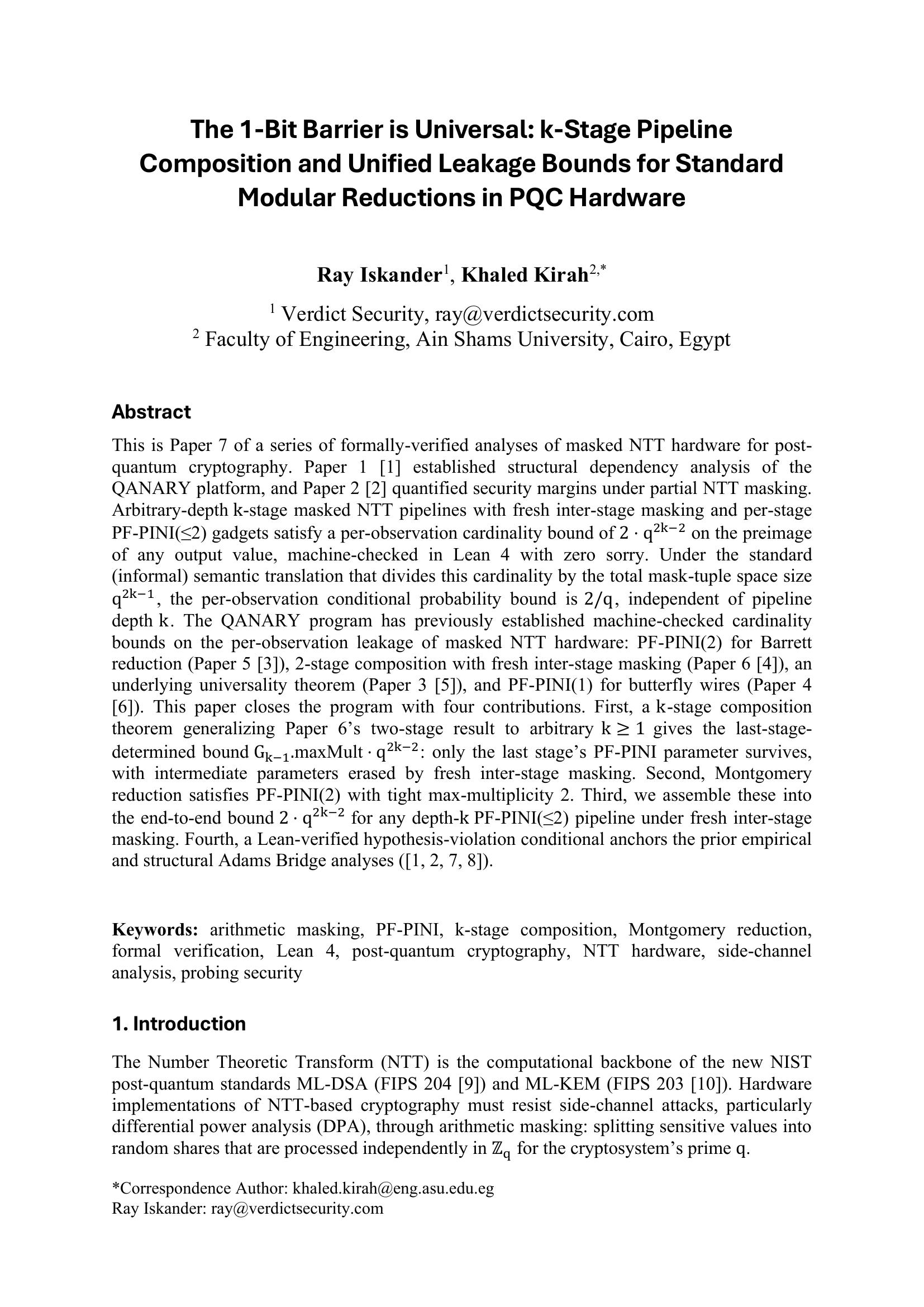 The 1-Bit Barrier is Universal: k-Stage Pipeline Composition and ...