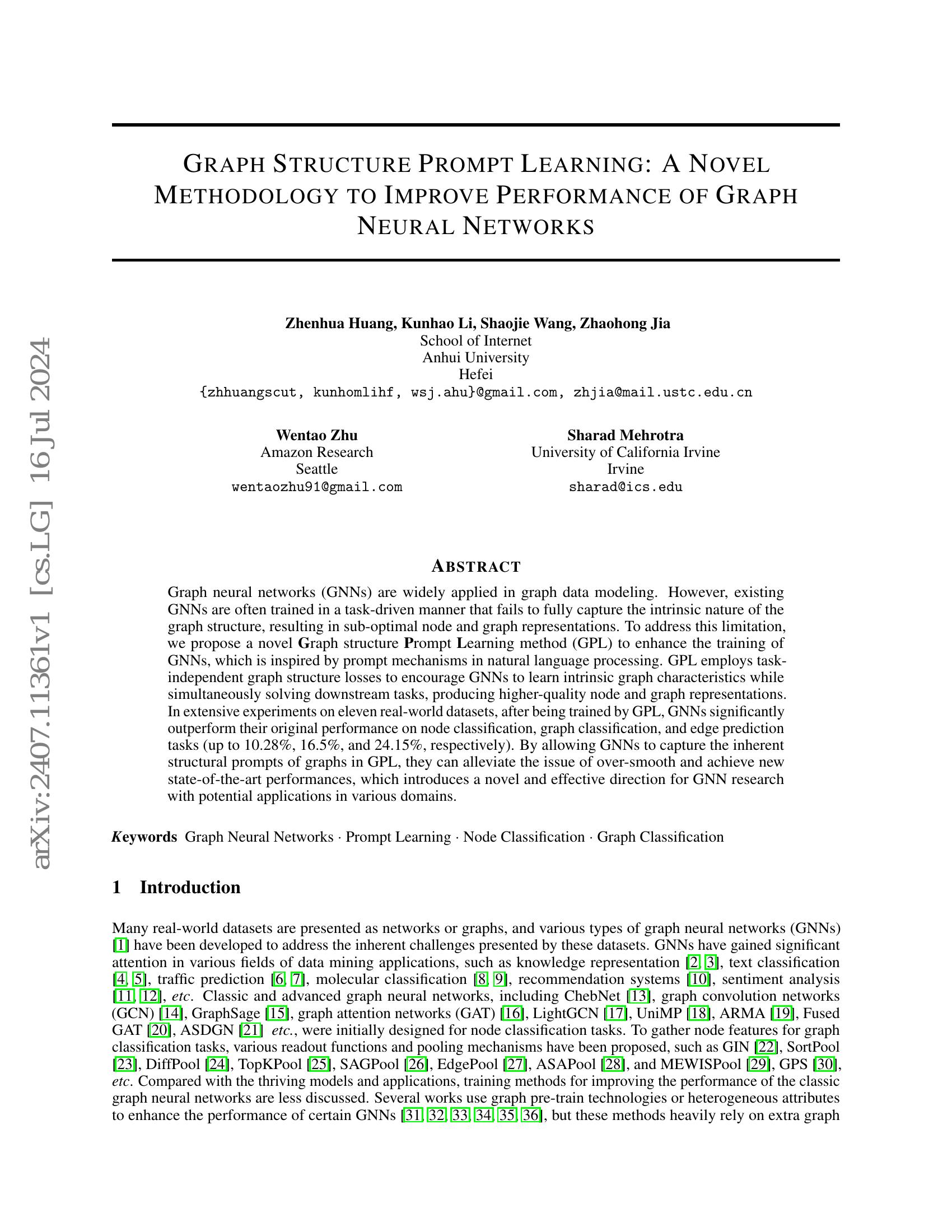 Graph Structure Prompt Learning: A Novel Methodology to Improve ...