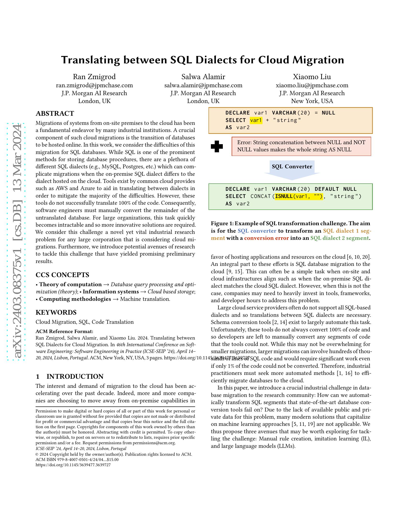 Translating between SQL Dialects for Cloud Migration - 智源社区论文