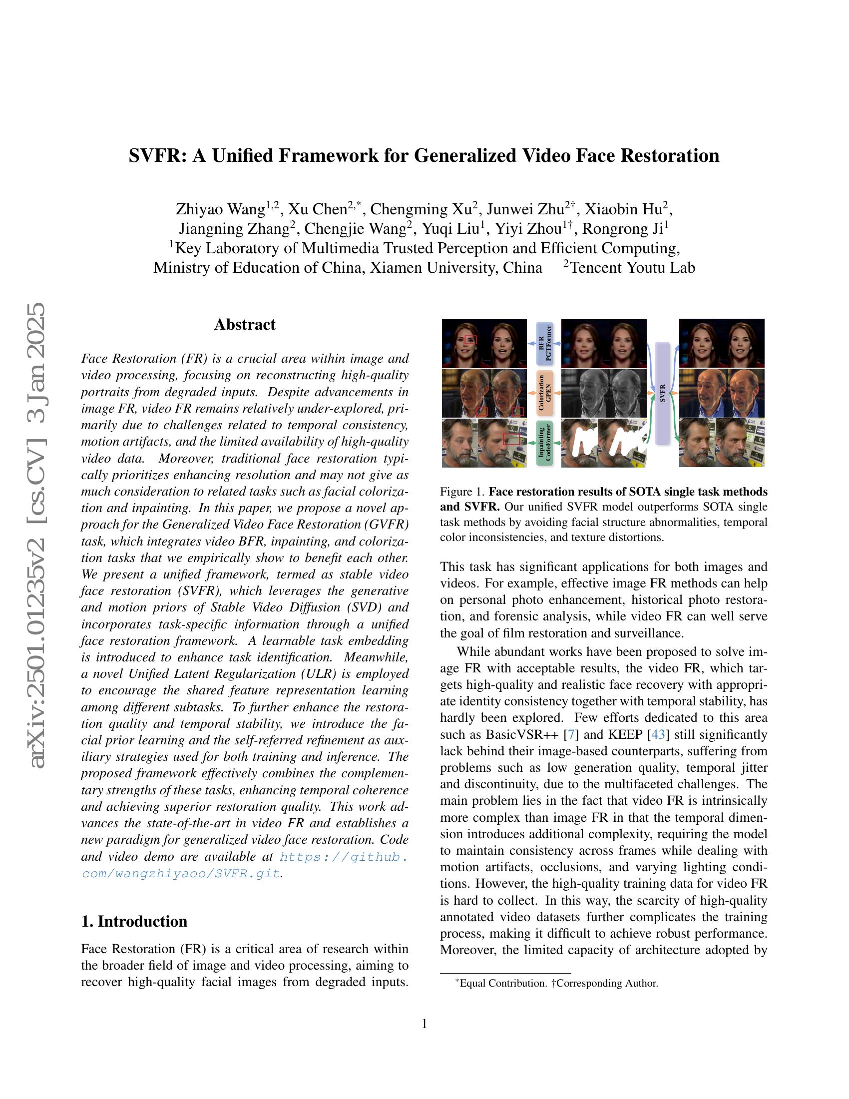 SVFR: A Unified Framework for Generalized Video Face Restoration - 智源社区论文