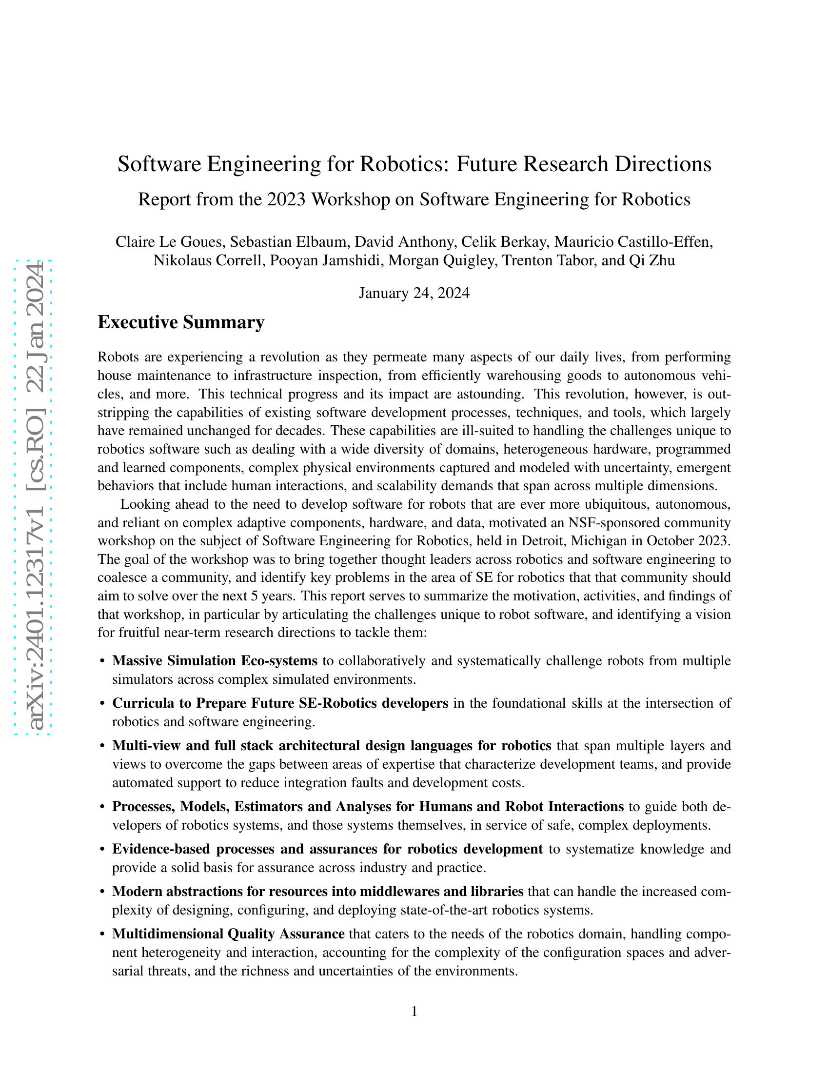 Software Engineering for Robotics: Future Research Directions; Report ...