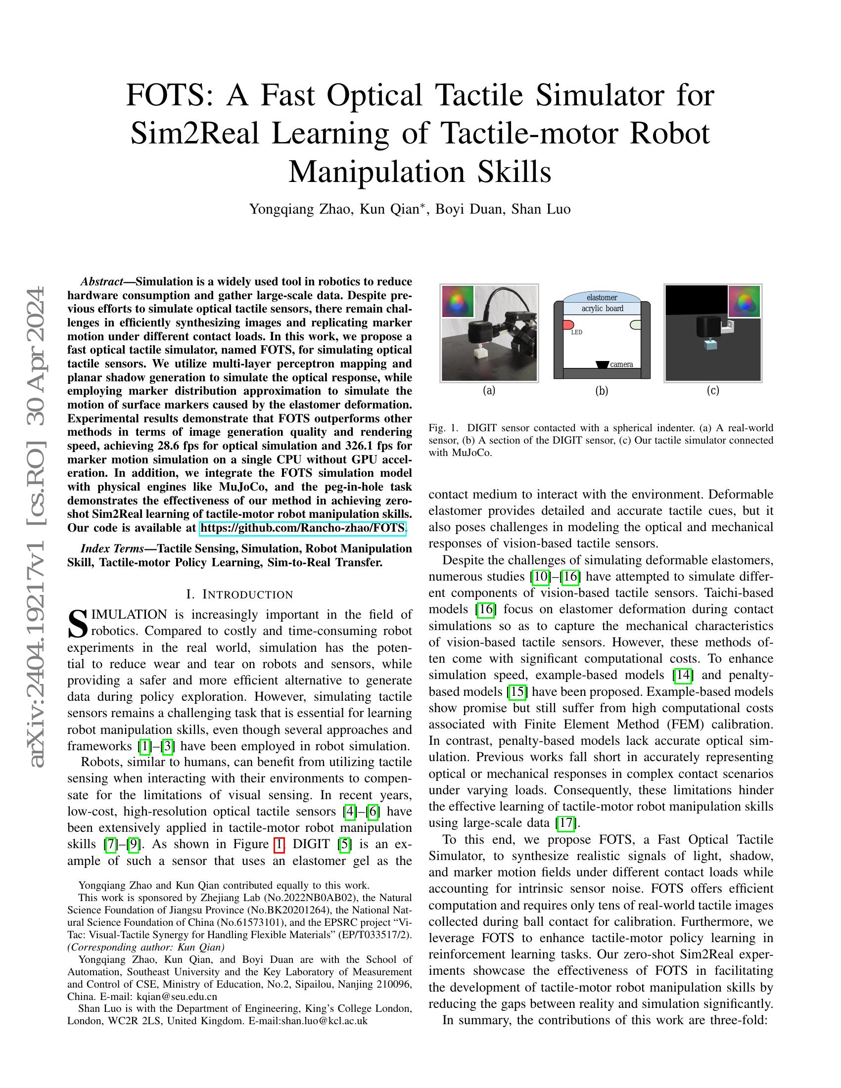 FOTS: A Fast Optical Tactile Simulator for Sim2Real Learning of Tactile ...