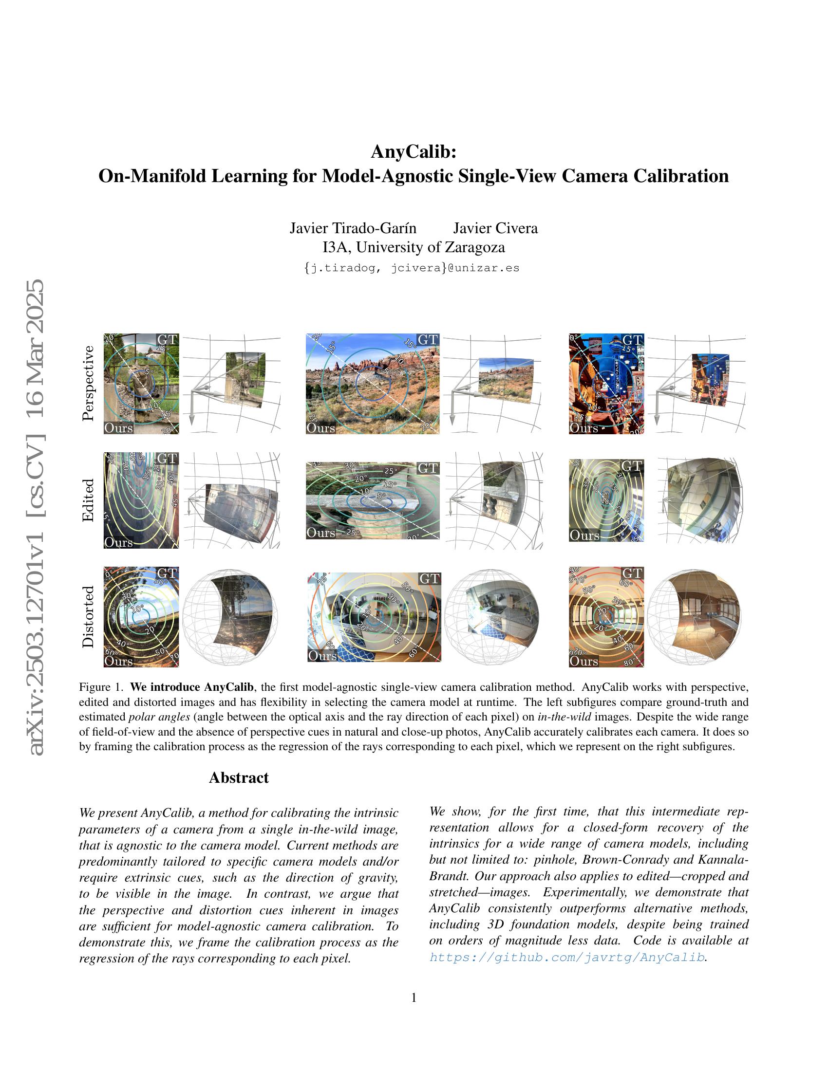 AnyCalib: On-Manifold Learning for Model-Agnostic Single-View Camera ...