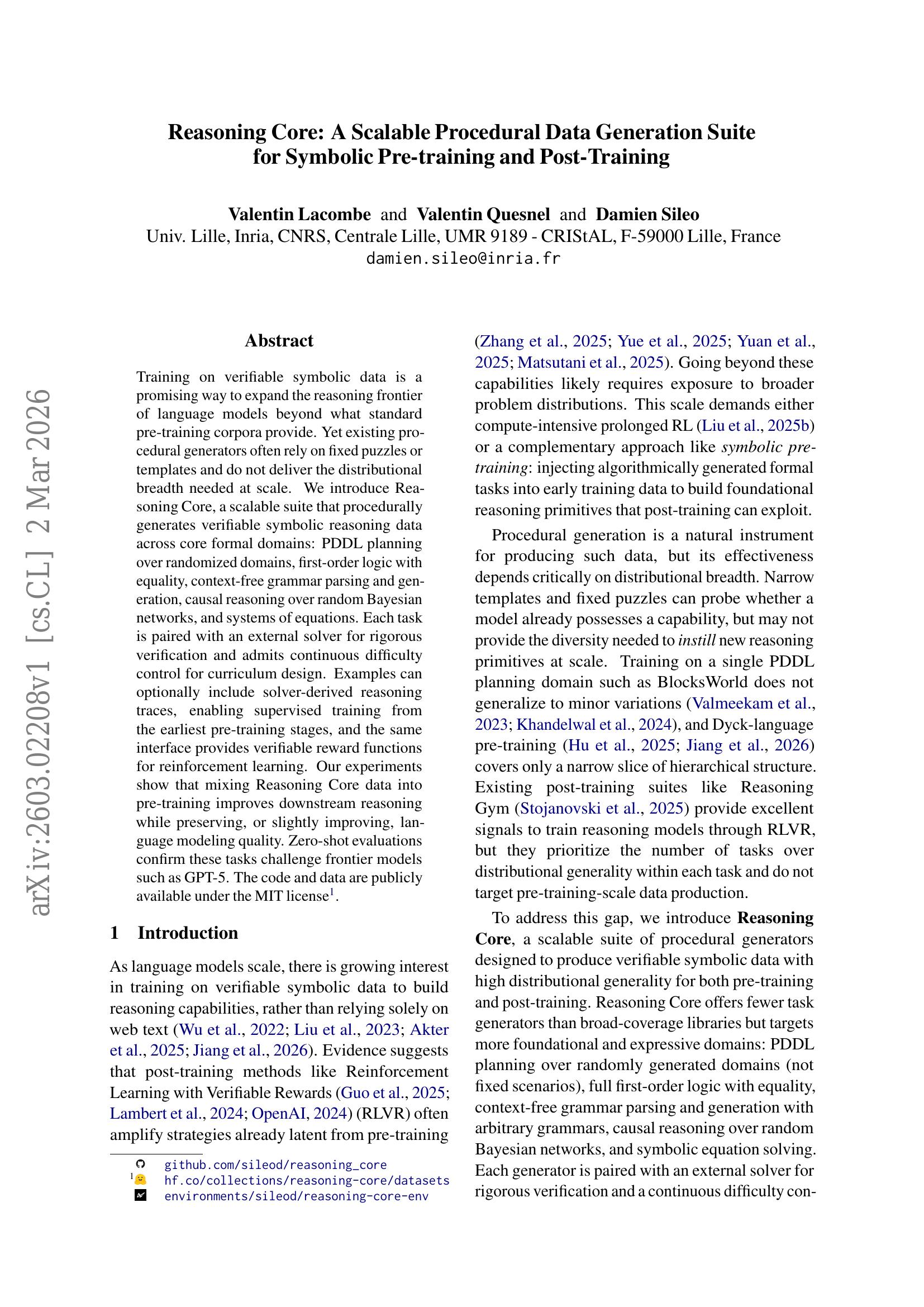 Reasoning Core: A Scalable Procedural Data Generation Suite for ...