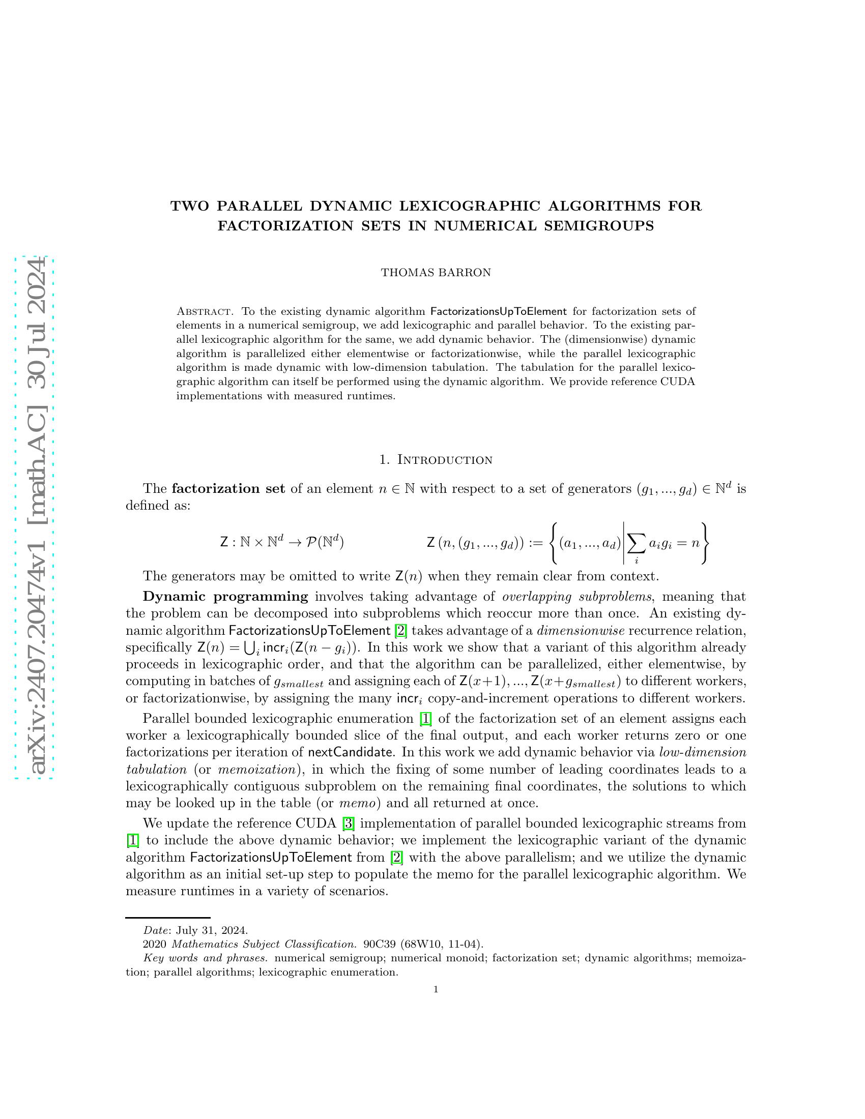 Two parallel dynamic lexicographic algorithms for factorization sets in ...