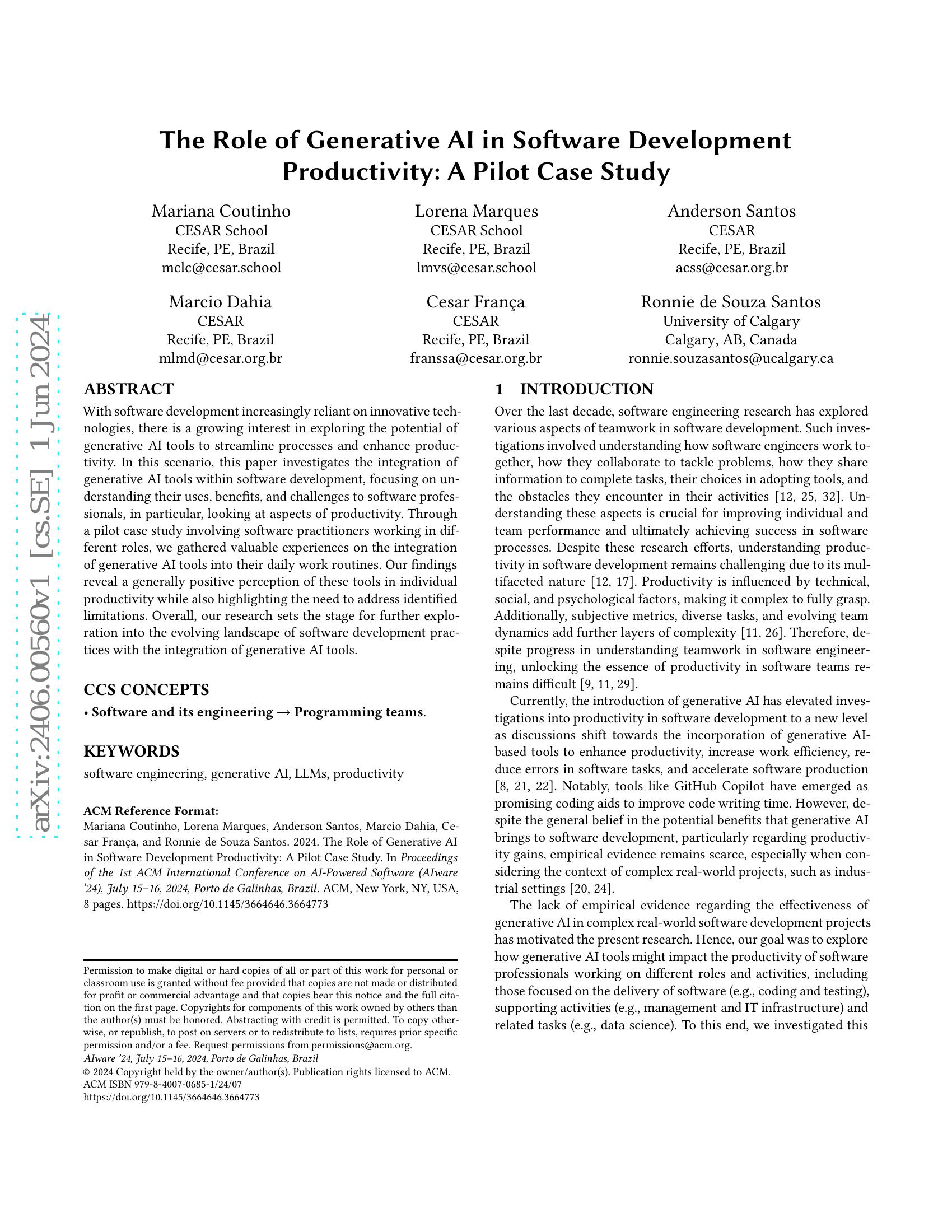The Role of Generative AI in Software Development Productivity: A Pilot ...