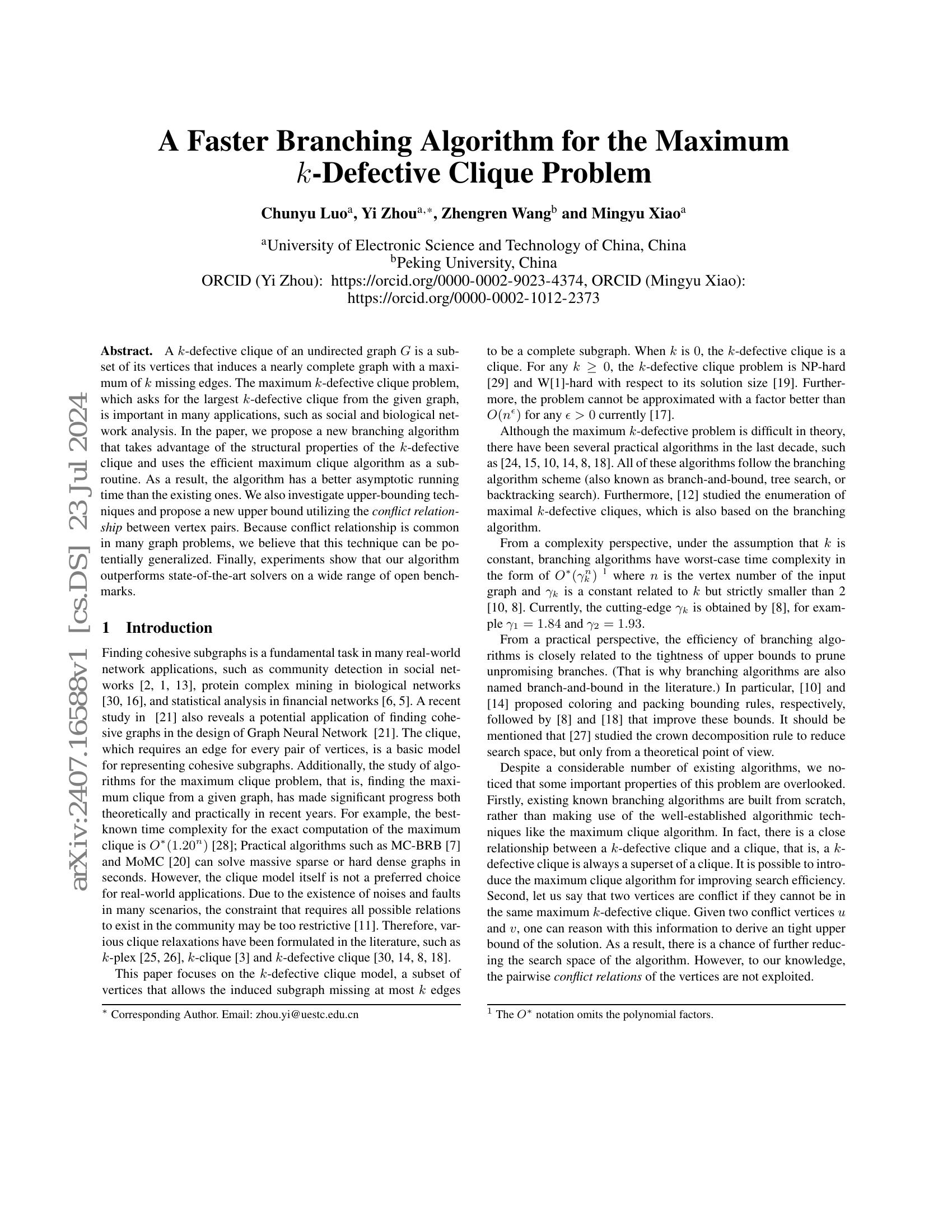 A Faster Branching Algorithm for the Maximum $k$-Defective Clique ...
