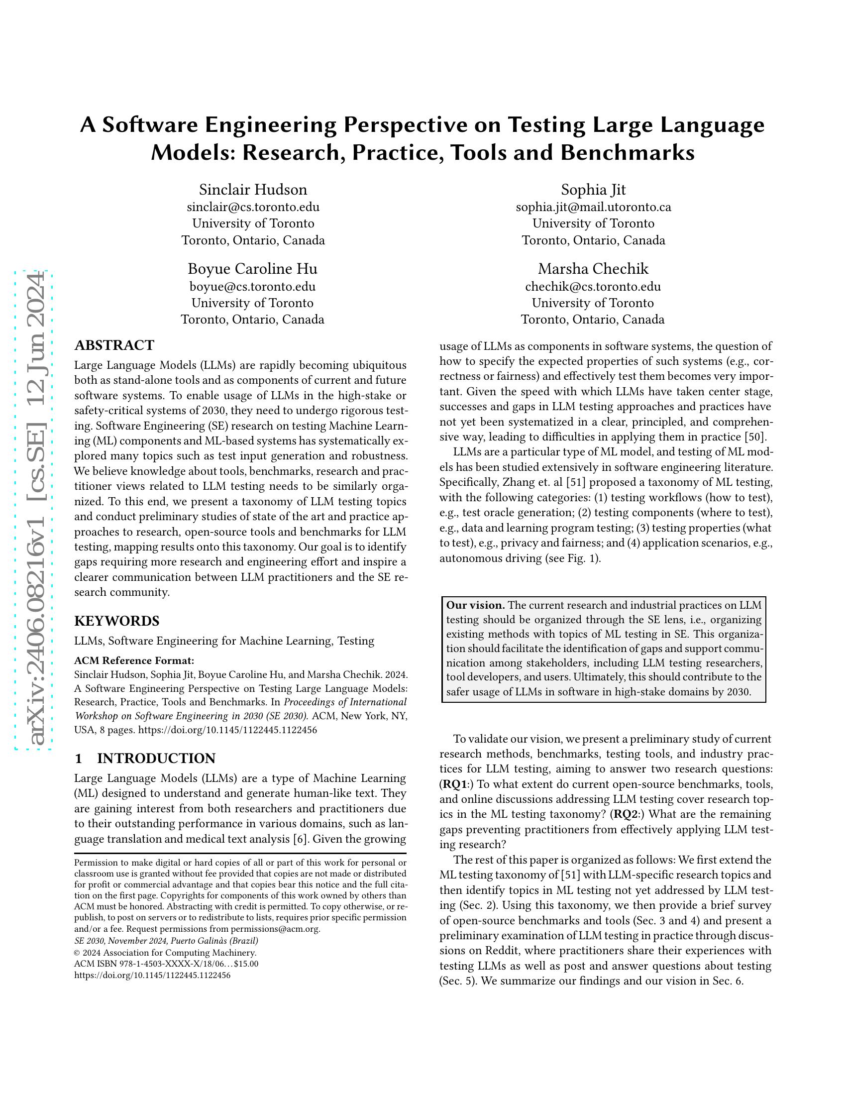 A Software Engineering Perspective on Testing Large Language Models ...