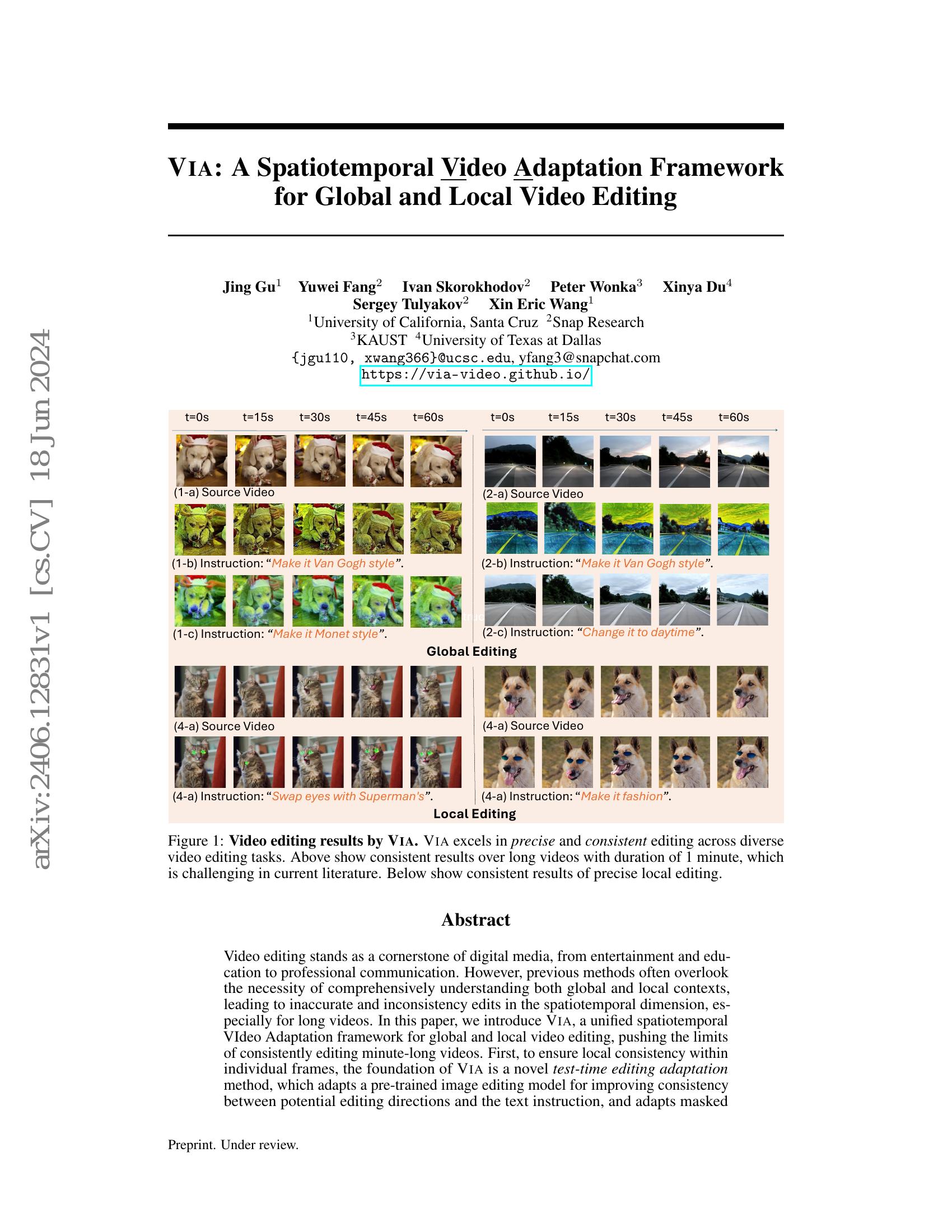 VIA: A Spatiotemporal Video Adaptation Framework for Global and Local ...